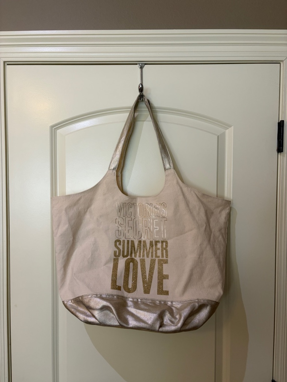 Victoria's Secret Beige Canvas Tote with Gold Accents